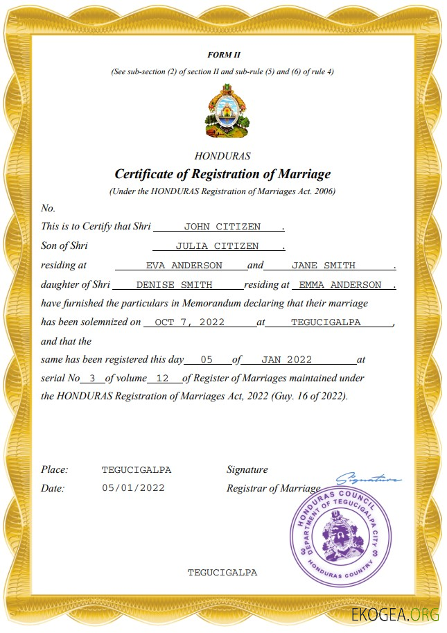 Modèle Word et PDF de certificat de mariage du Honduras